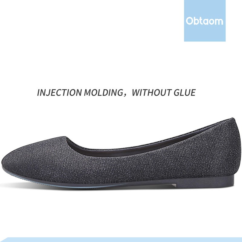 Obtaom Sparkly Ballet Flats Women Casual Shiny Flat Shoes Round Toe Dress Bling Sequin Ballet Flats (Bright Black,US8) - Image 2